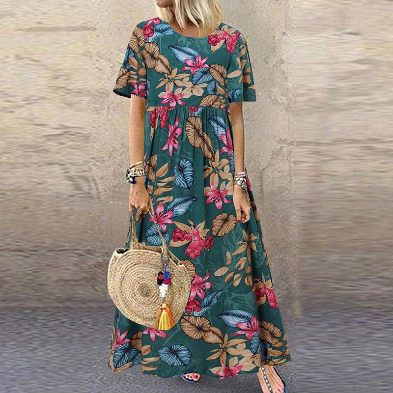 (image for)  Womens Summer Short Sleeve Printed Swing Long Maxi Dress Holiday Beach Sundress