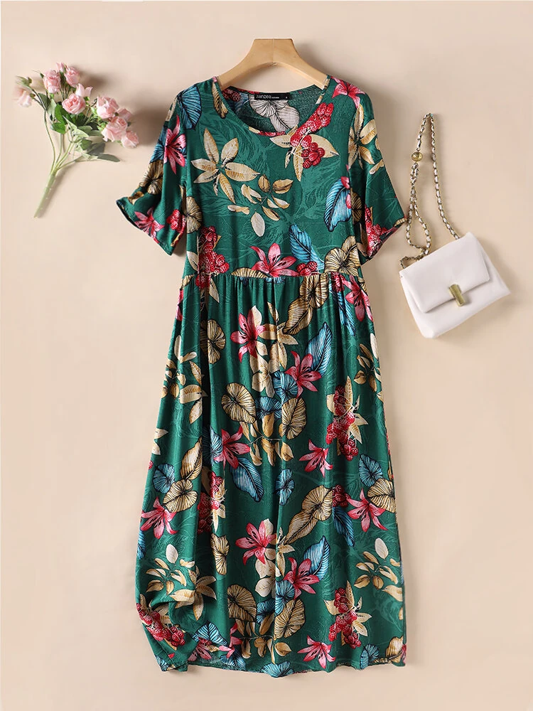 (image for)  Womens Summer Short Sleeve Printed Swing Long Maxi Dress Holiday Beach Sundress
