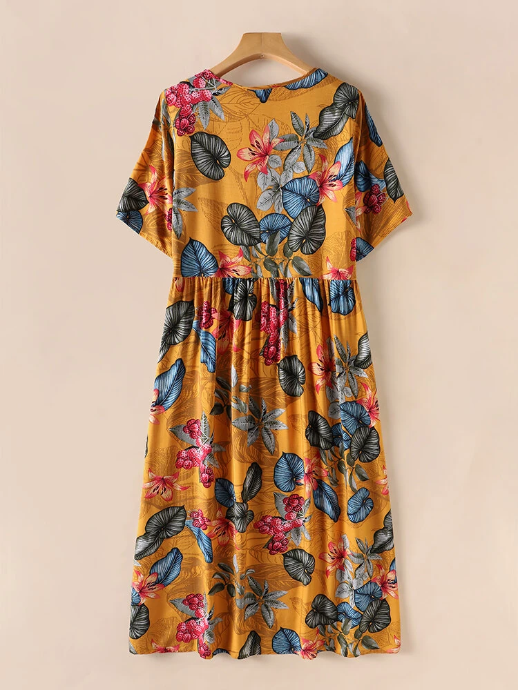 (image for)  Womens Summer Short Sleeve Printed Swing Long Maxi Dress Holiday Beach Sundress