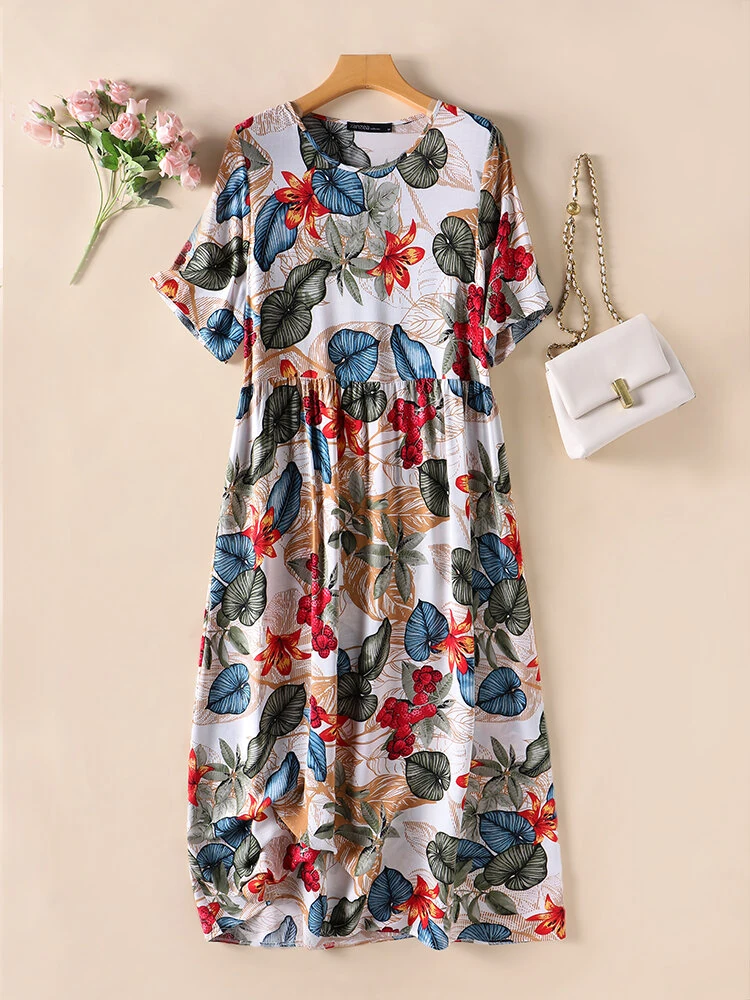 (image for)  Womens Summer Short Sleeve Printed Swing Long Maxi Dress Holiday Beach Sundress