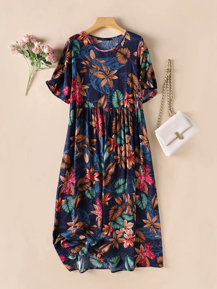 (image for)  Womens Summer Short Sleeve Printed Swing Long Maxi Dress Holiday Beach Sundress