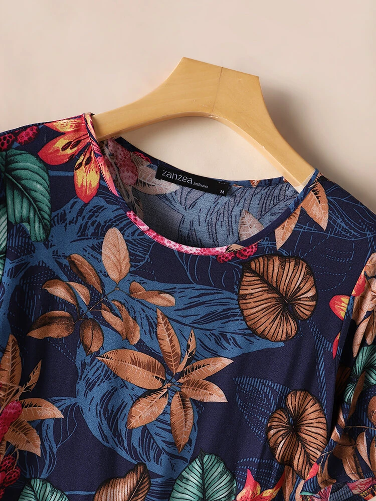 (image for)  Womens Summer Short Sleeve Printed Swing Long Maxi Dress Holiday Beach Sundress