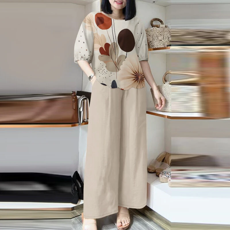 (image for)  Womens Two-Piece Set Lady Elegant Sets Crew Neck Lantern Sleeve Graphic Print Tops Wide Leg Trousers Suits