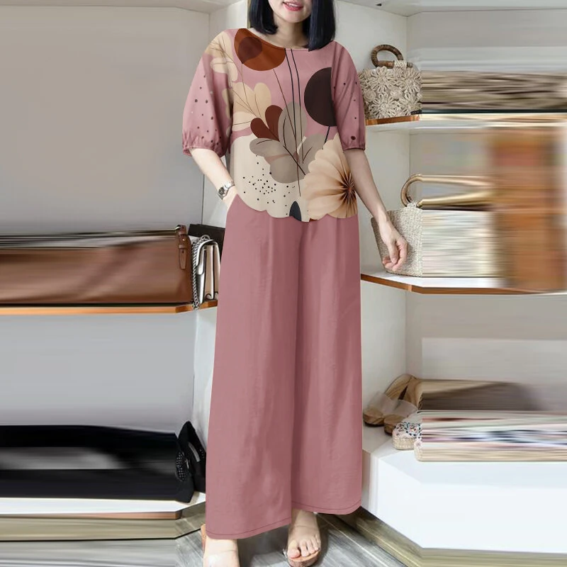(image for)  Womens Two-Piece Set Lady Elegant Sets Crew Neck Lantern Sleeve Graphic Print Tops Wide Leg Trousers Suits