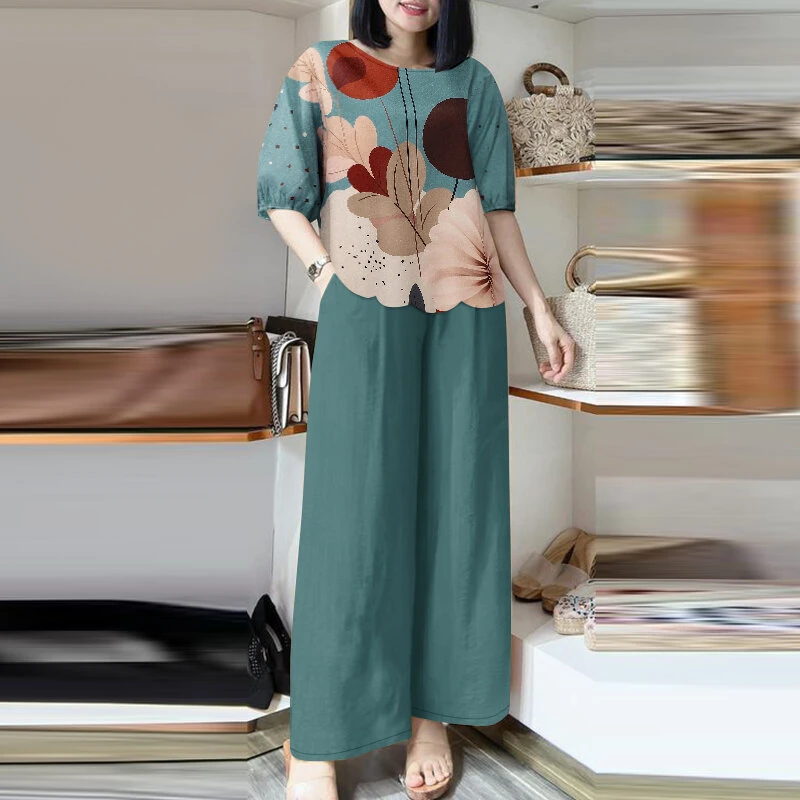 (image for)  Womens Two-Piece Set Lady Elegant Sets Crew Neck Lantern Sleeve Graphic Print Tops Wide Leg Trousers Suits